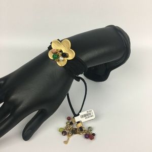 Ibiza Black Leather Wrap Bracelet Boho Gold Flower